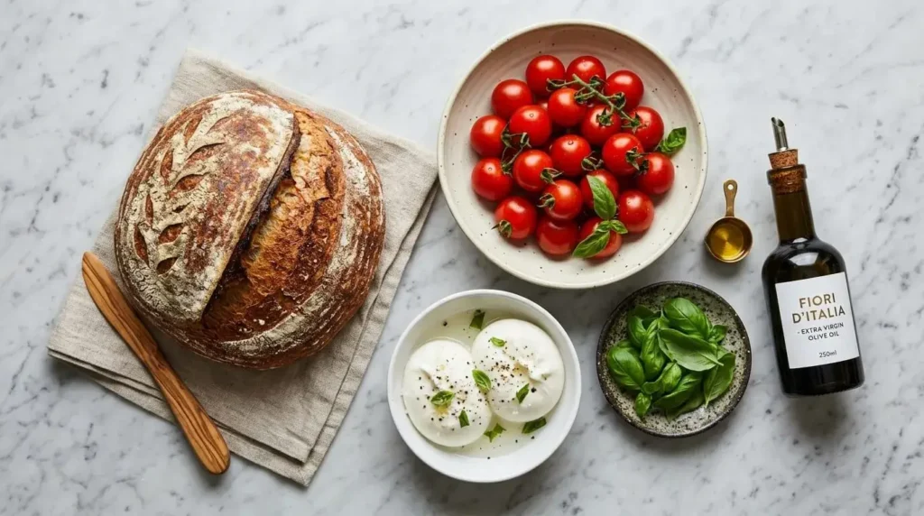 Ingredients for making burrata bruschetta arranged on a marble kitchen counter.
