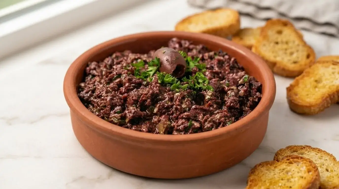A rustic terracotta bowl filled with chunky, deep purple Kalamata olive tapenade garnished with a whole olive and fresh parsley, served with toasted crostini on a marble surface.