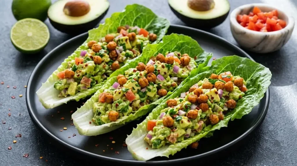 A close-up shot of three Creamy Avocado Lettuce Boats garnished with crispy roasted chickpeas on a black platter.