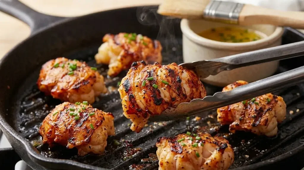 Close-up of seasoned lobster tail pieces searing on a hot cast-iron grill pan with visible grill marks.