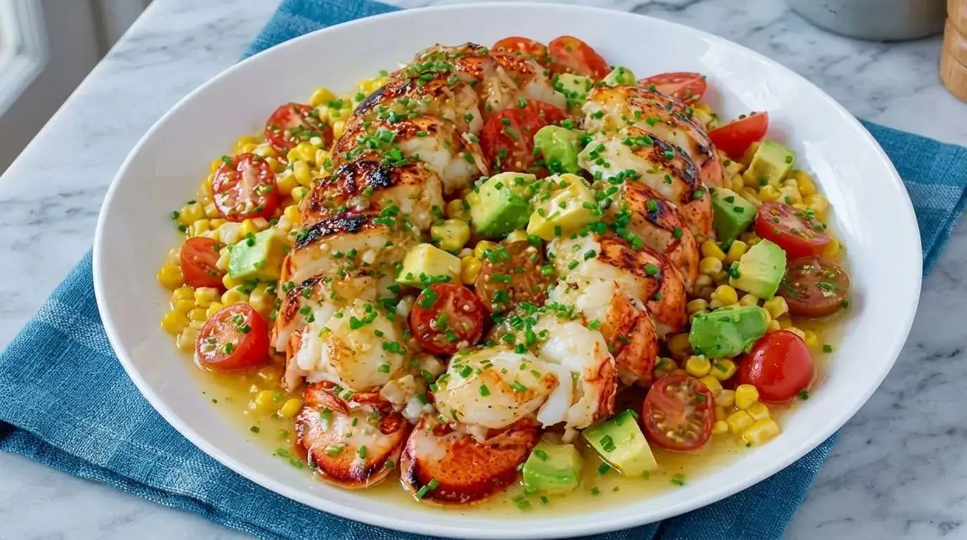 Grilled Lobster Salad with avocado, sweet corn, cherry tomatoes, and citrus vinaigrette on a serving platter resting on a blue napkin.