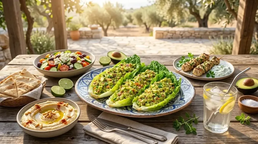 A vibrant Mediterranean lunch table setting featuring avocado lettuce cups alongside hummus and fresh salads.