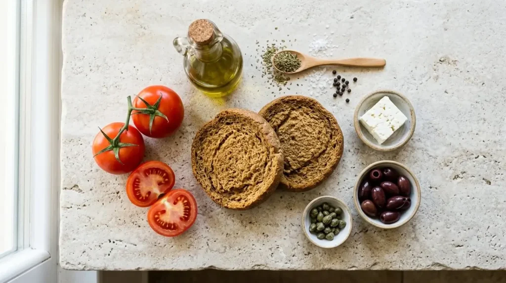 An overhead flat lay of Mediterranean Barley Toast ingredients including barley rusks, fresh tomatoes, feta cheese, Kalamata olives, capers, and olive oil.