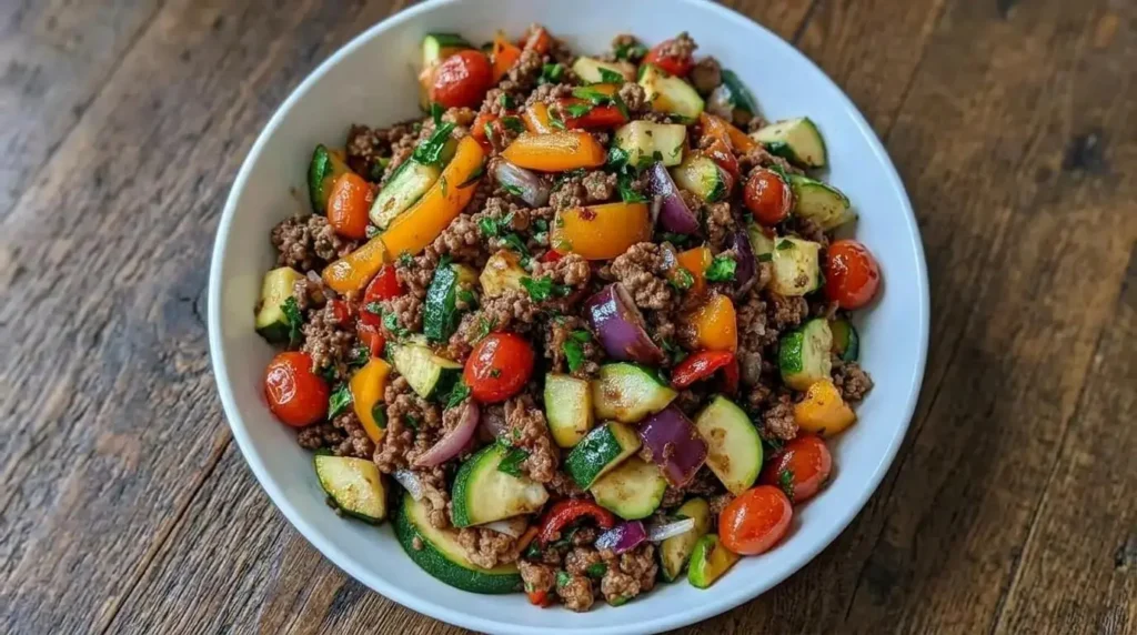 A white bowl filled with Mediterranean Ground Beef Stir-Fry featuring zucchini, orange bell peppers, purple onions, and cherry tomatoes.