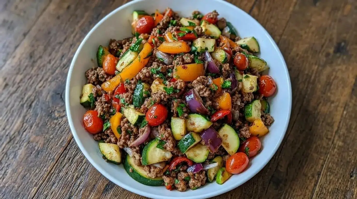 A white bowl filled with Mediterranean Ground Beef Stir-Fry featuring zucchini, orange bell peppers, purple onions, and cherry tomatoes.