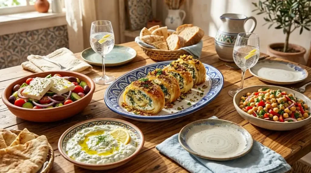 A sun-drenched Mediterranean dinner table spread featuring a platter of sliced spanakopita roulade alongside a crisp Greek salad, tzatziki dip, and fresh herbs.
