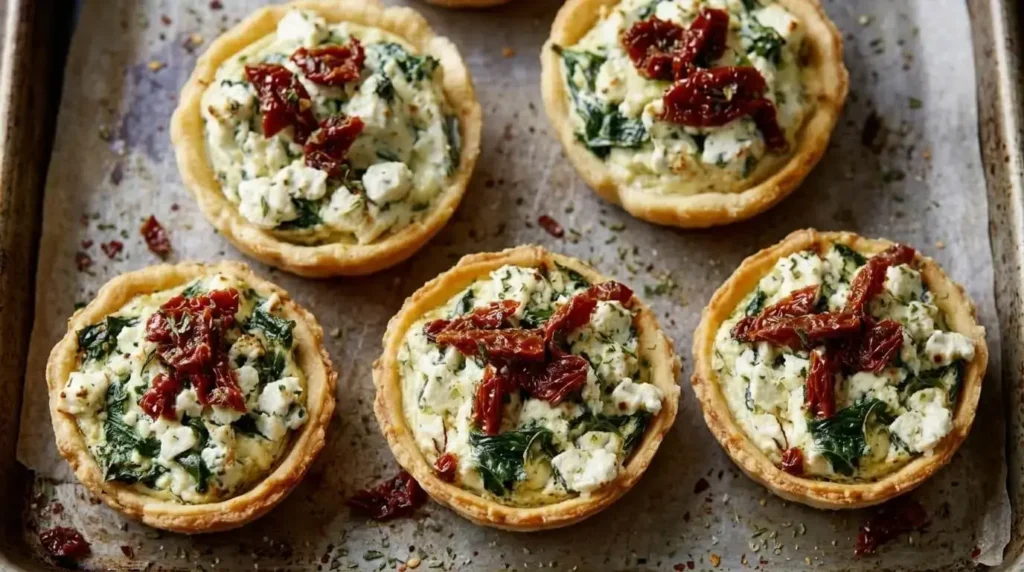 Golden mini Mediterranean spinach feta and sun-dried tomato tarts on a rustic baking sheet.