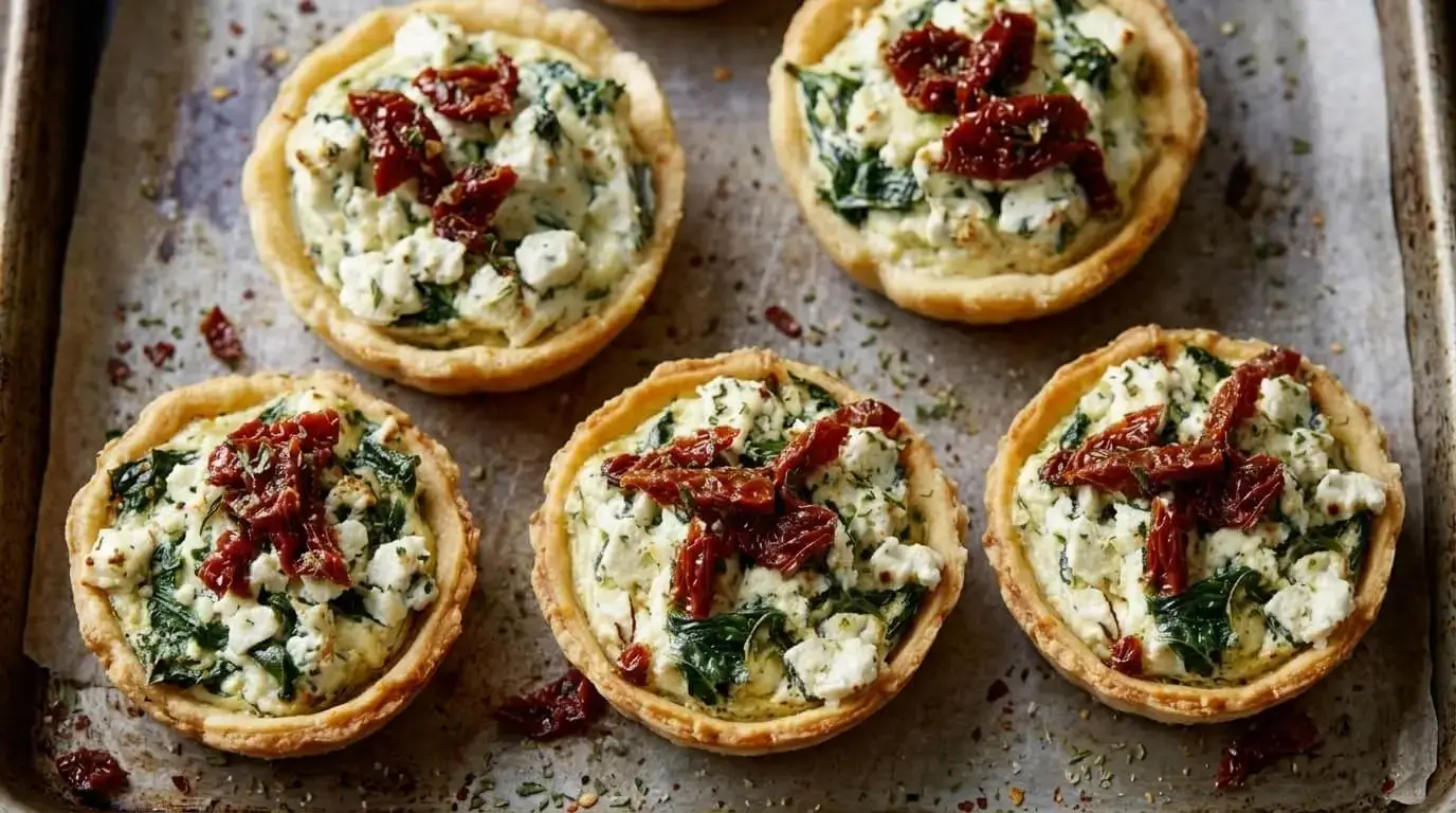 Golden mini Mediterranean spinach feta and sun-dried tomato tarts on a rustic baking sheet.
