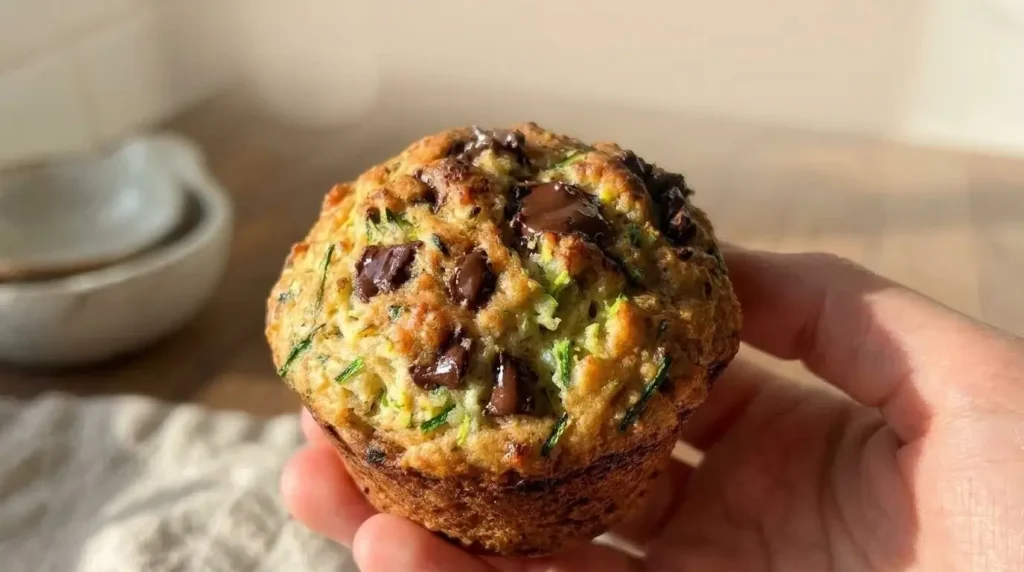 A golden-tan Chocolate Zucchini and Oat Muffin studded with green zucchini flecks and melted dark chocolate chunks.