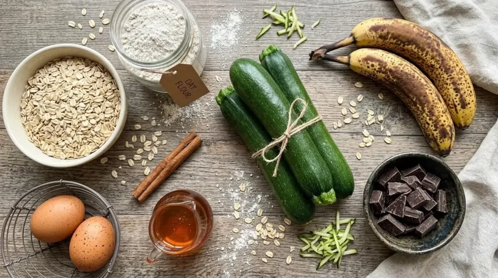 A flat lay display of healthy ingredients for flourless chocolate zucchini and oat muffins.