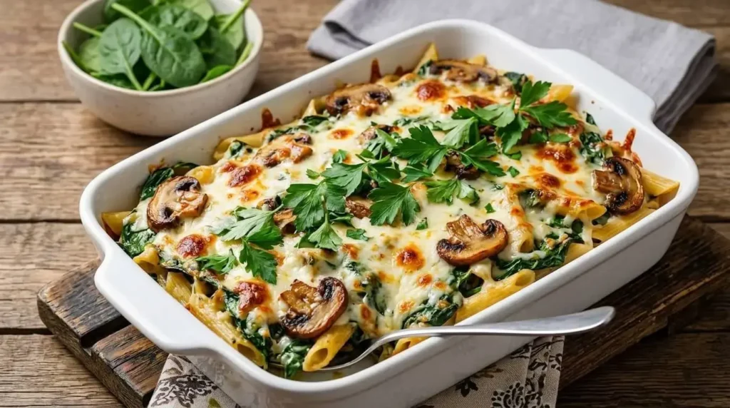A bubbling white ceramic baking dish filled with Mushroom and Spinach Penne Pasta Bake featuring golden browned mozzarella cheese, sliced mushrooms, and fresh parsley garnish.