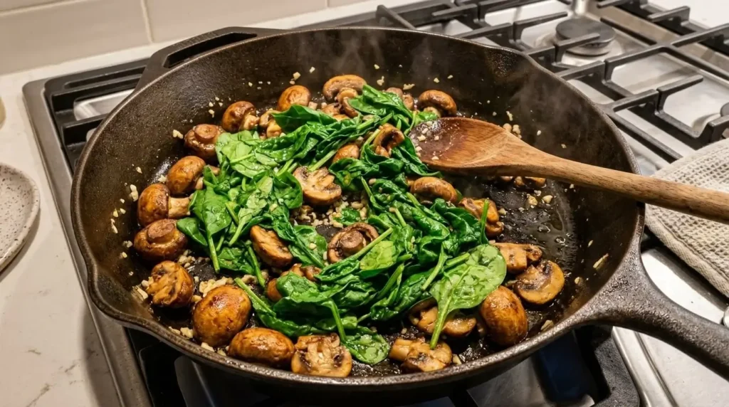 Sautéing sliced cremini mushrooms and fresh baby spinach with garlic in extra virgin olive oil inside a cast-iron skillet.