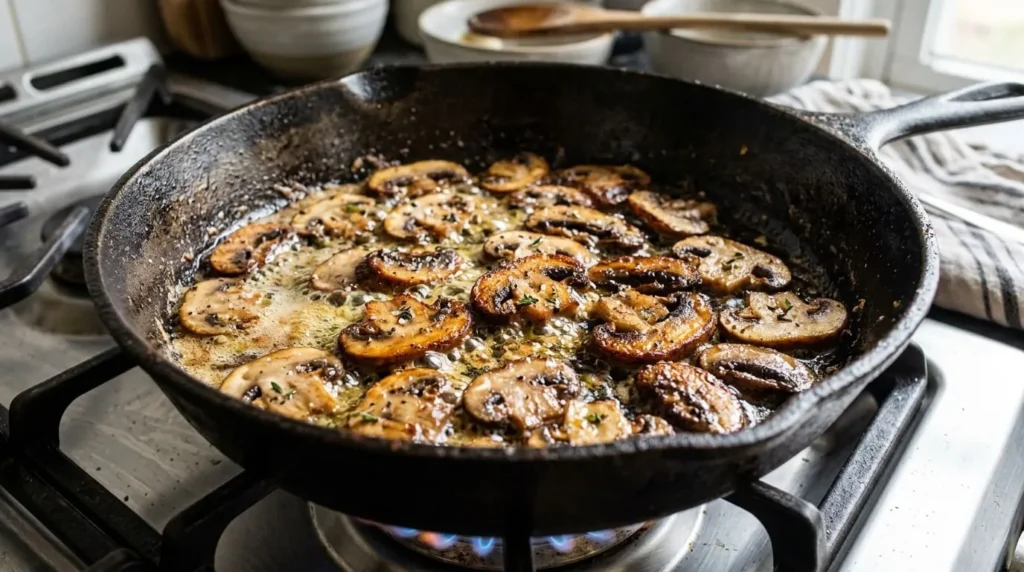 Slices of cremini mushrooms searing in a single layer inside a hot cast-iron skillet with butter and olive oil.