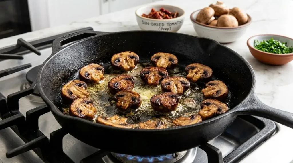 Cremini mushrooms searing in a single layer inside a hot skillet to develop a golden-brown crust.