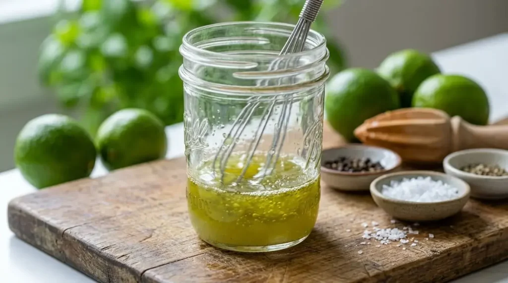 Close-up of extra virgin olive oil and fresh lime juice being whisked together in a small jar to create a zesty salad dressing.