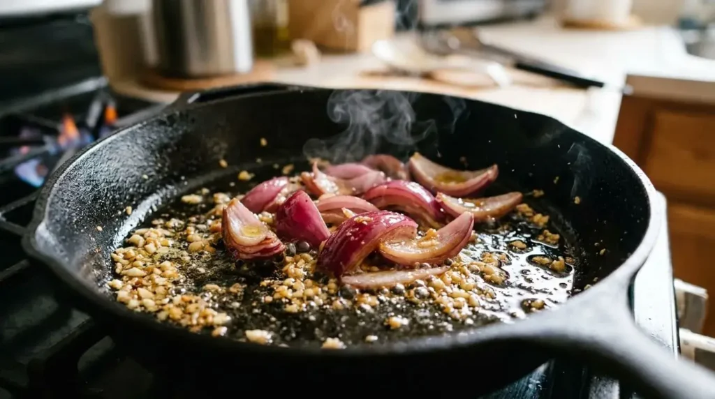 Sautéing red onions and minced garlic in extra virgin olive oil inside a cast-iron skillet.