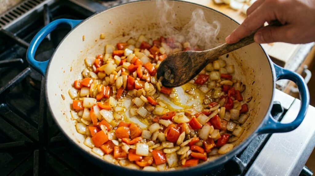 Diced onions and red bell peppers being sautéed in olive oil inside a blue cast iron Dutch oven on a stovetop.