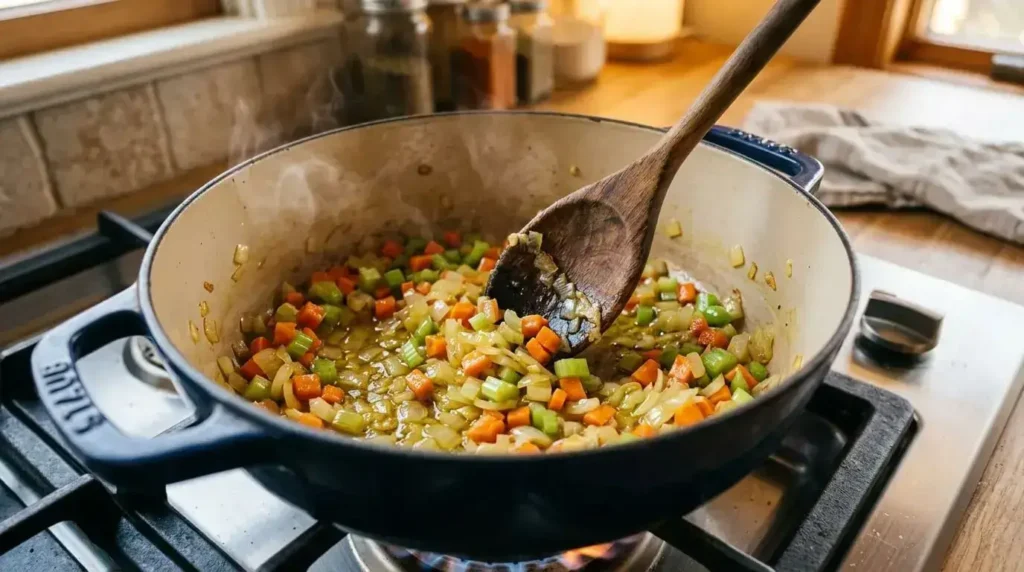 Sautéing finely diced onions, carrots, and celery in extra virgin olive oil inside a blue Dutch oven.