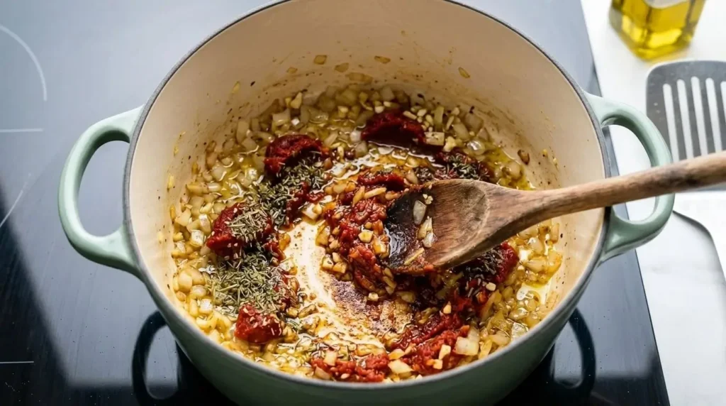 Sautéing onions, garlic, and tomato paste with dried herbs in a Dutch oven to build a soup base.