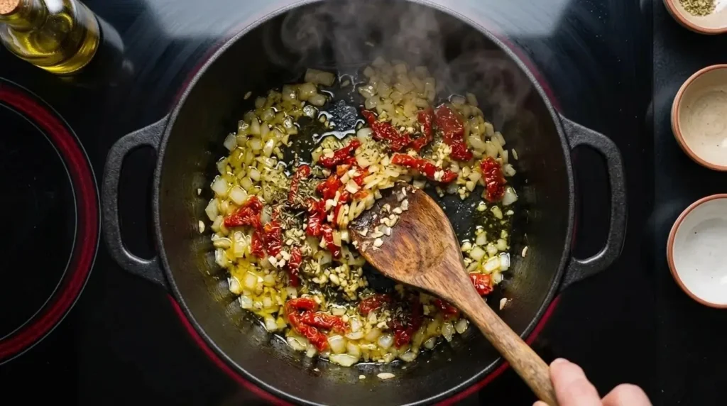 Sautéing onions, garlic, and sun-dried tomatoes in olive oil inside a black pot.
