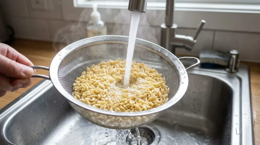 Cooked orzo pasta being rinsed with cold water in a metal colander to stop the cooking process.