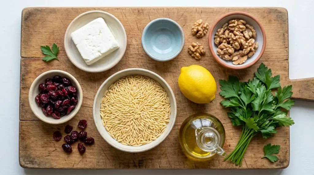 Flat-lay ingredient spread for making Mediterranean orzo salad, including dried cranberries, feta cheese, walnuts, and lemon.