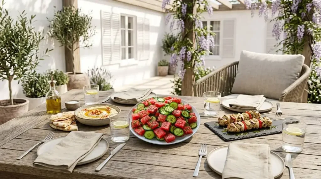Outdoor Mediterranean summer lunch spread featuring Watermelon Cucumber Salad, hummus, pita bread, and grilled chicken skewers.