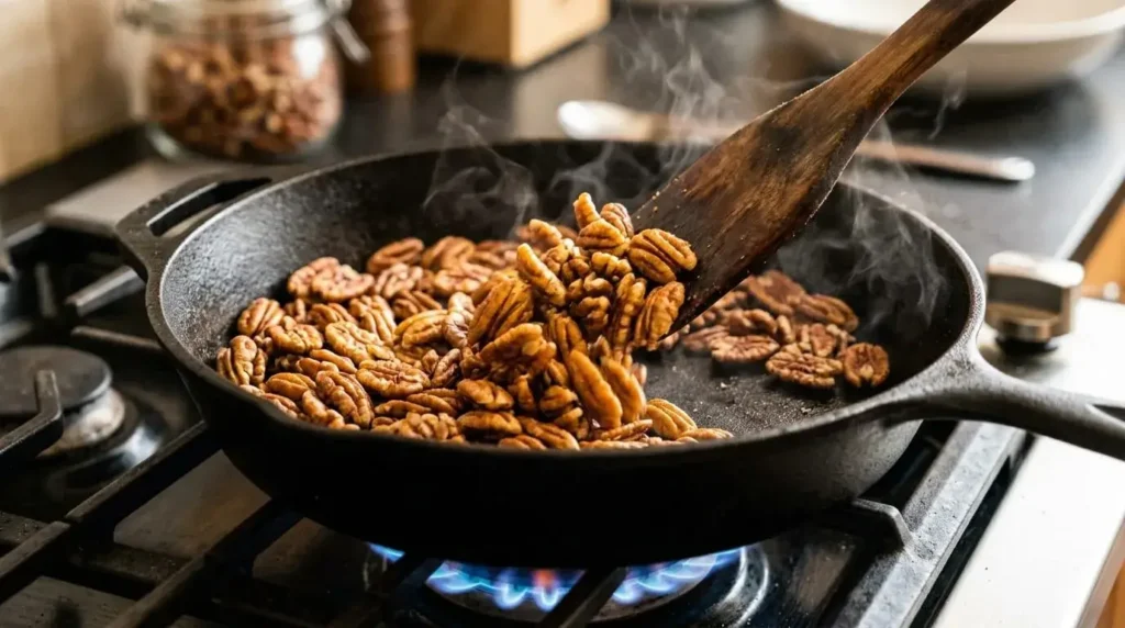 Chopped pecans being toasted in a dry black skillet on a stovetop for a chicken salad recipe.