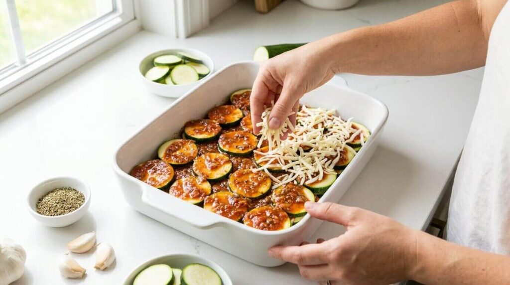 Step-by-step assembly of a loaded zucchini casserole showing layers of zucchini slices, rich meat sauce, and shredded mozzarella cheese.