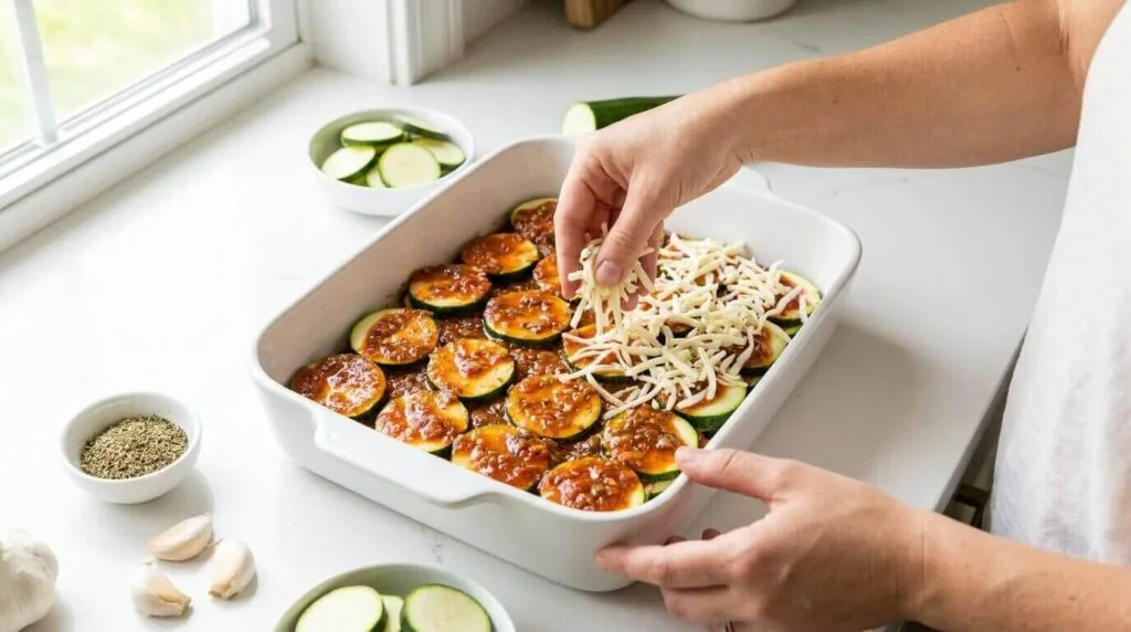 Step-by-step assembly of a loaded zucchini casserole showing layers of zucchini slices, rich meat sauce, and shredded mozzarella cheese.