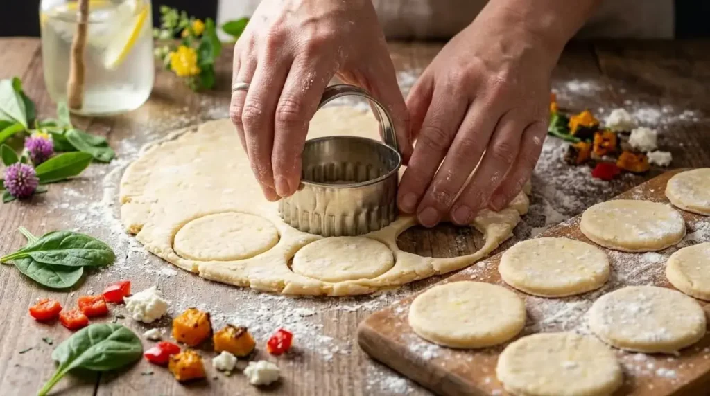 A close-up view of a person using a round cutter to cut circles out of a flat sheet of pie dough on a floured surface.