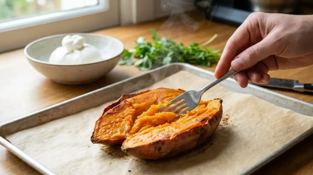 Close-up of fluffing the interior of a freshly baked hot sweet potato with a fork on a baking sheet.