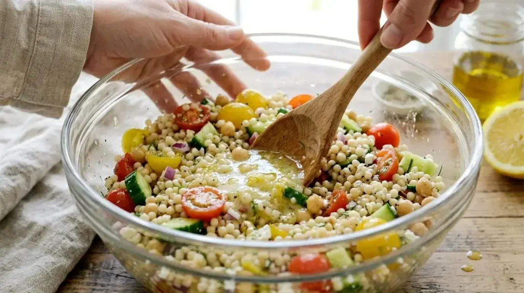 A close-up action shot of tossing pearl couscous salad with a homemade lemon vinaigrette dressing in a large mixing bowl.