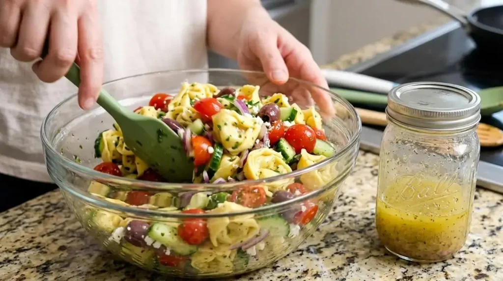Tossed cold tortellini salad with feta and homemade vinaigrette dressing in a clear bowl