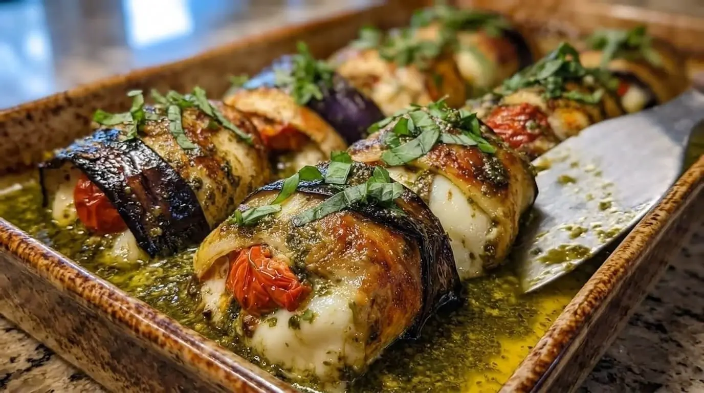 A baking dish filled with cheesy Pesto Eggplant Rollatini topped with melted mozzarella, cherry tomatoes, and fresh basil ribbons pooling in pesto oil.