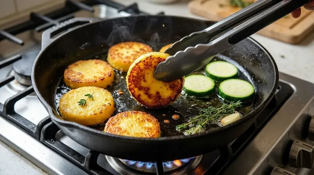 Pan-frying polenta rounds in a hot skillet with olive oil to achieve a crispy texture.