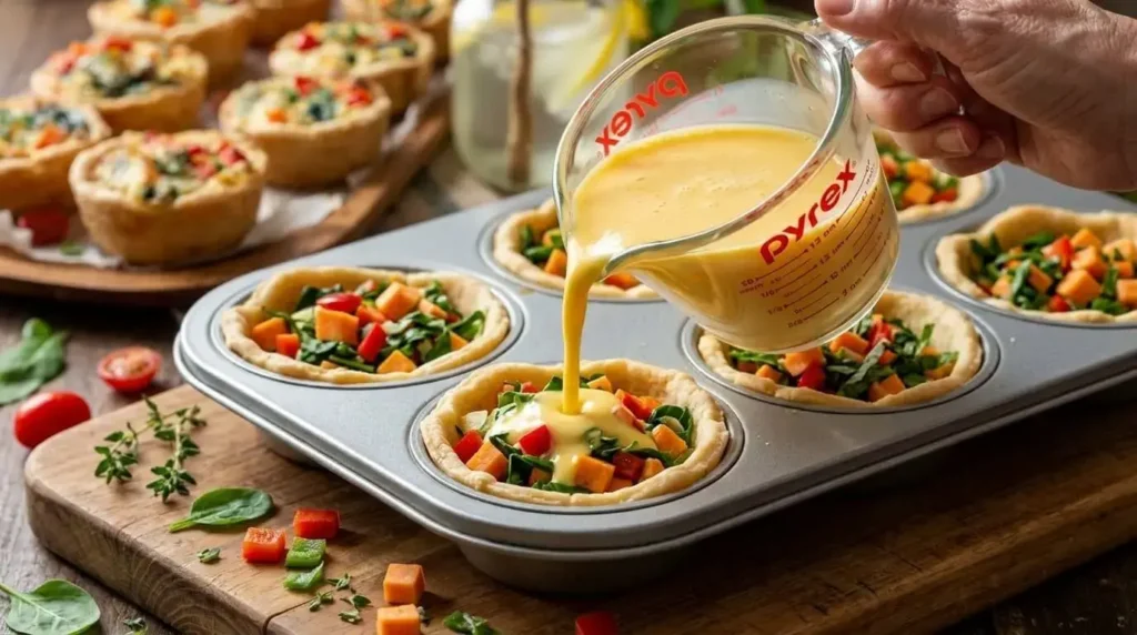 Pouring a yellow egg custard mix from a glass measuring cup into a muffin tin lined with pastry dough and chopped colorful vegetables.