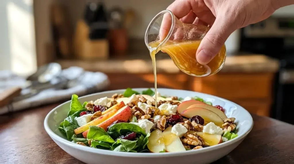 Close-up action shot of honey apple cider dressing being drizzled over an apple cranberry walnut salad with spinach.