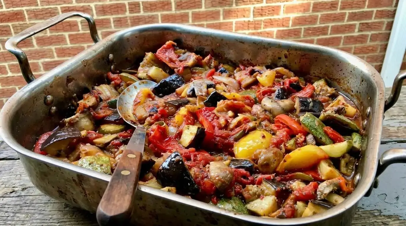 A deep metal roasting pan filled with a rustic roasted ratatouille recipe showing caramelized eggplant, zucchini, whole mushrooms, and peppers in a thick tomato sauce.