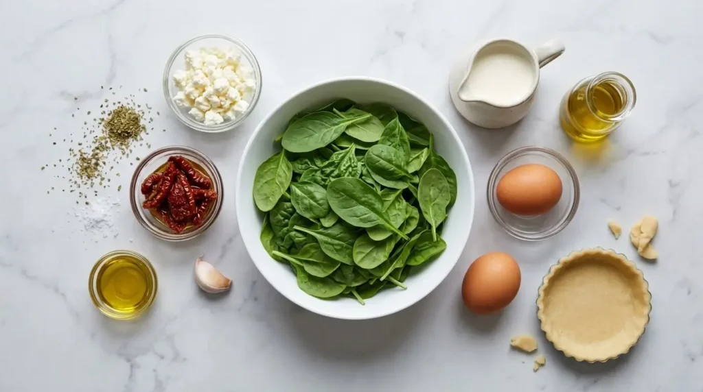 Fresh ingredients for making spinach feta and sun-dried tomato savory tartlets.