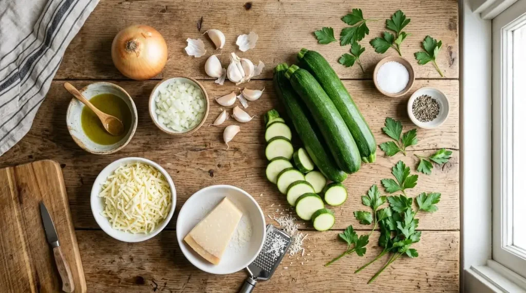 Top-down view of fresh ingredients for a baked zucchini casserole recipe including green zucchini, olive oil, garlic, and cheese on a wood background.