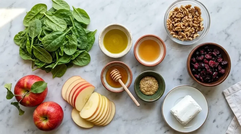 Flat lay photo of fresh ingredients for a spinach apple cranberry salad including walnuts, cheese, and apples on a marble surface.