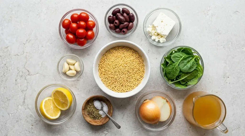 A flat lay photograph displaying raw orzo pasta, chicken broth, cherry tomatoes, Kalamata olives, spinach, feta cheese, garlic, and lemon on a stone background.