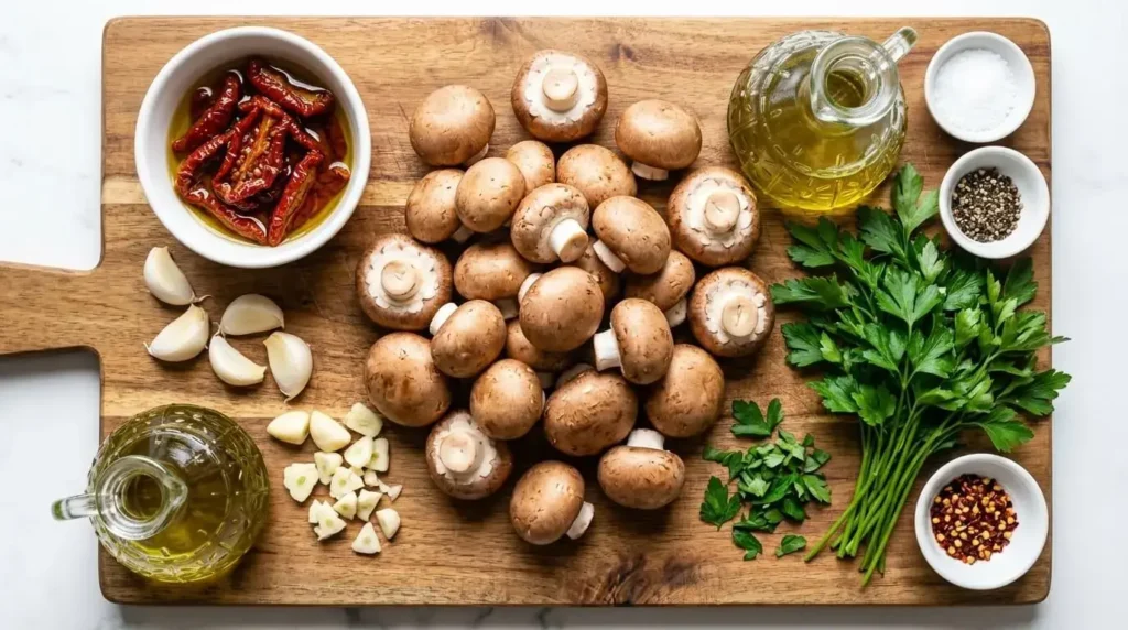 Overhead flatlay of raw cremini mushrooms, sun-dried tomatoes, garlic, parsley, and olive oil on a wooden board.