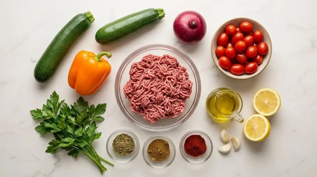 Raw ingredients spread out on a counter for making a Mediterranean ground beef stir-fry recipe.