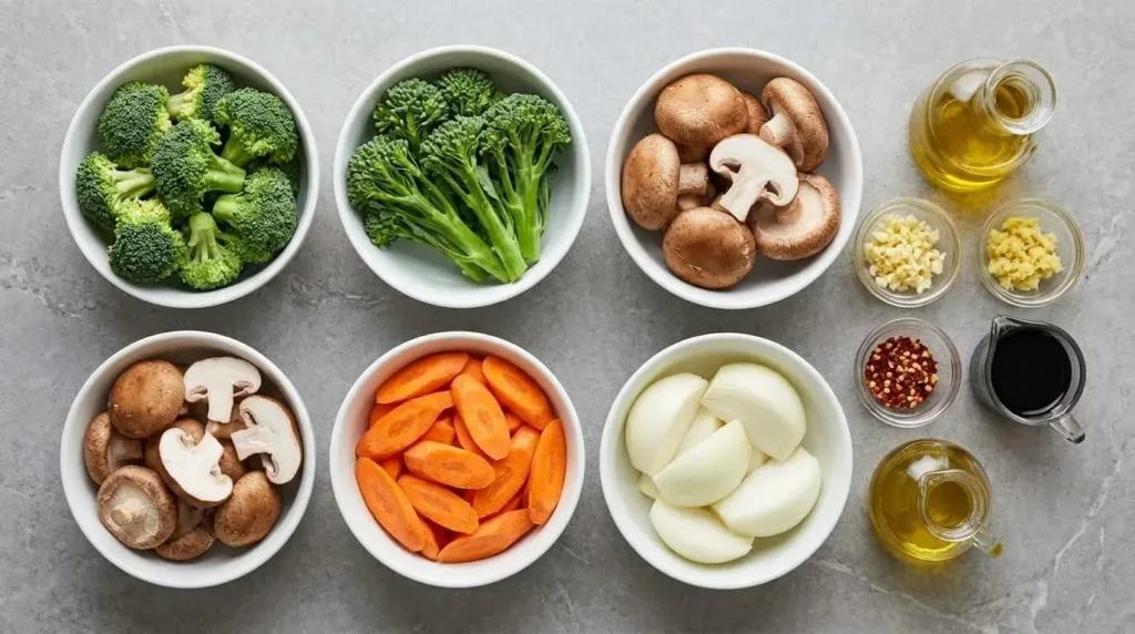 Fresh raw ingredients for a vegetable stir fry arranged in individual bowls on a stone counter.
