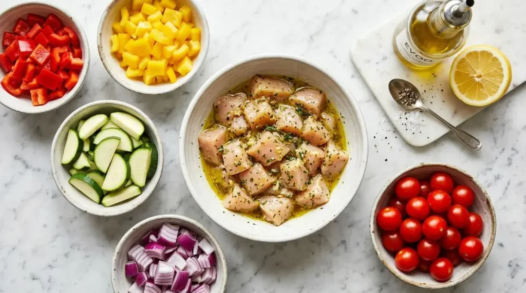 Raw diced chicken breast in marinade surrounded by bowls of fresh zucchini, chopped bell peppers, red onion, and whole cherry tomatoes on a white marble counter.