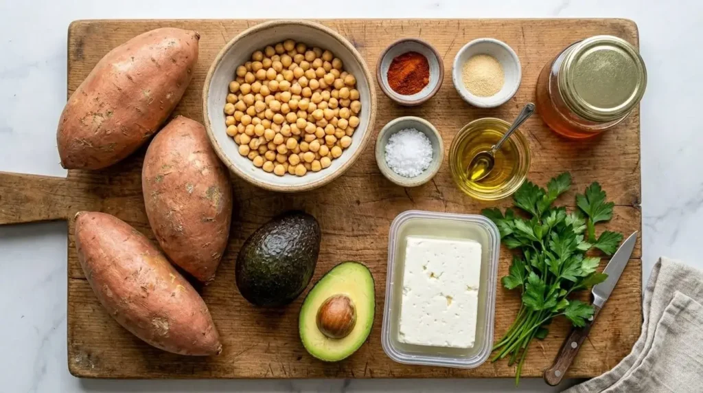 Fresh ingredients for making Mediterranean stuffed sweet potato boats with chickpeas and feta cheese.