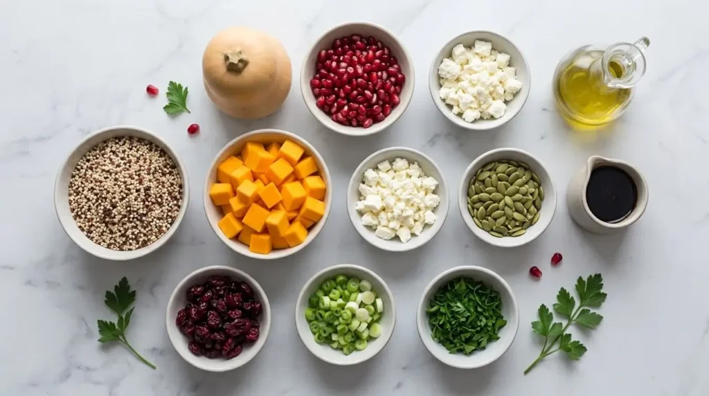 Flat lay arrangement of ingredients for a Mediterranean squash salad including quinoa, squash cubes, feta, pomegranate seeds, and dressing.