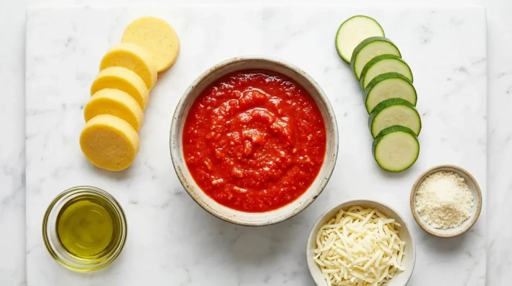 Fresh ingredients for Mediterranean polenta appetizer including sliced zucchini, polenta rounds, marinara sauce, and cheeses.